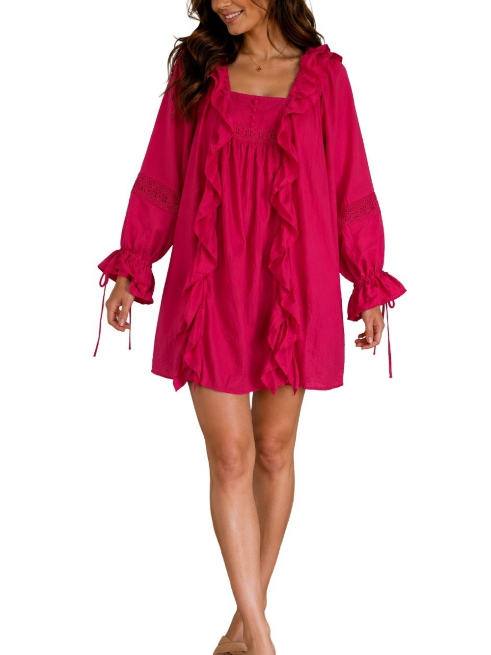 NEW-CQ by CQ Pink Ruffled Eyelet Lace Long Dolman Sleeves Mini Boho Dress SM